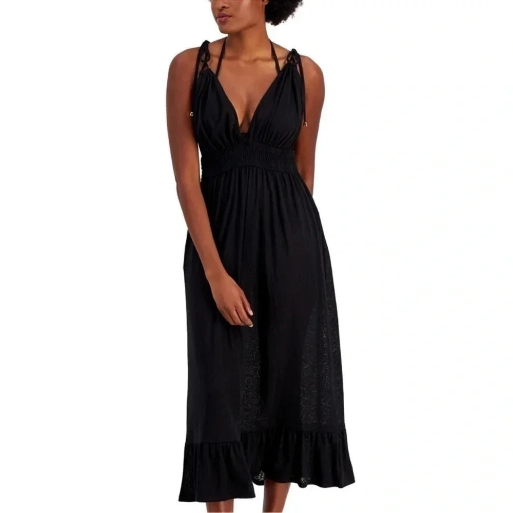 MIKEN Swim Cover Up Smocked Midi Dress Strappy Orchid Bouquet Black Size S NWT